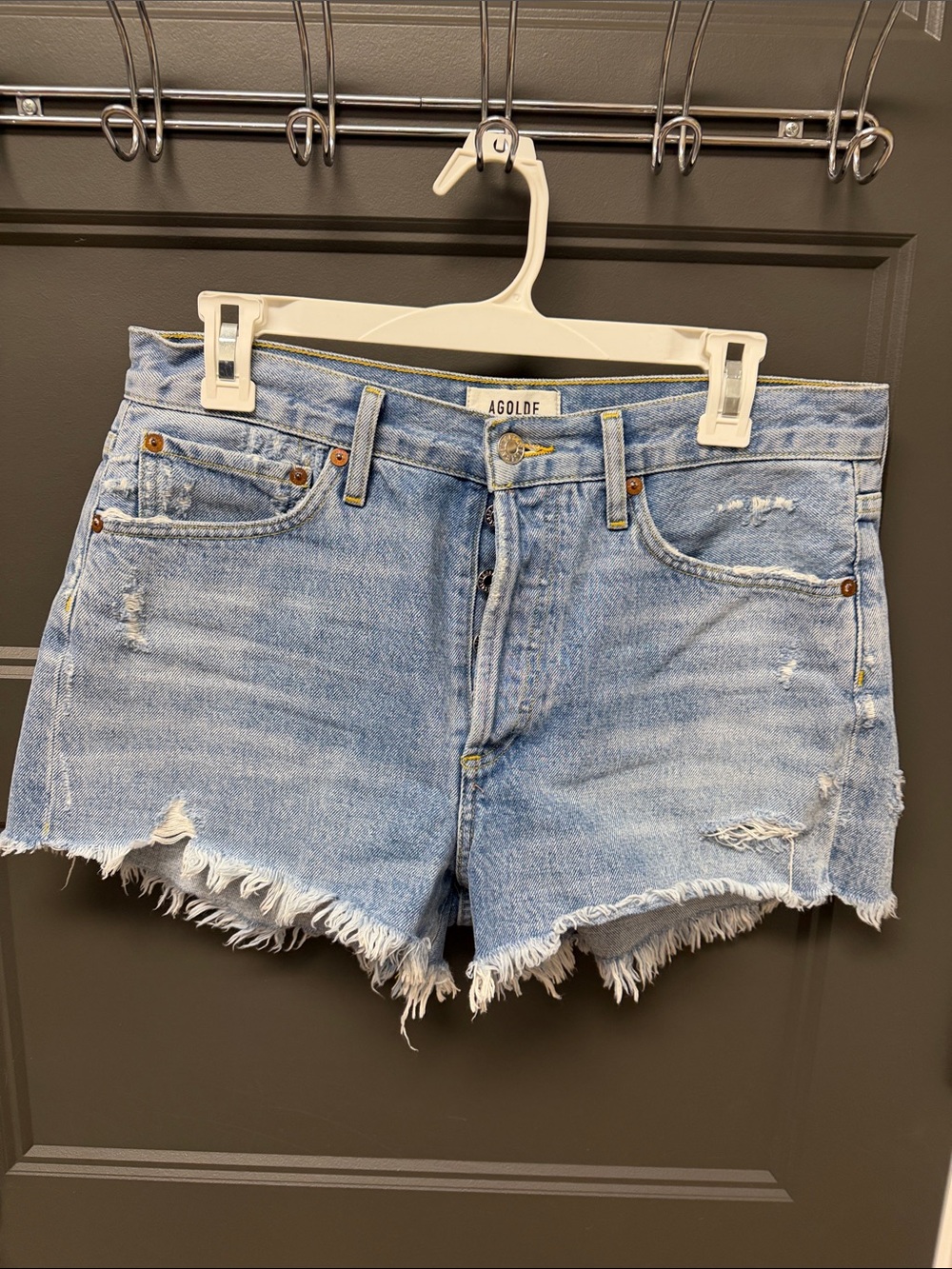 Agolde Light Blue Frayed Hem Distressed Denim Shorts